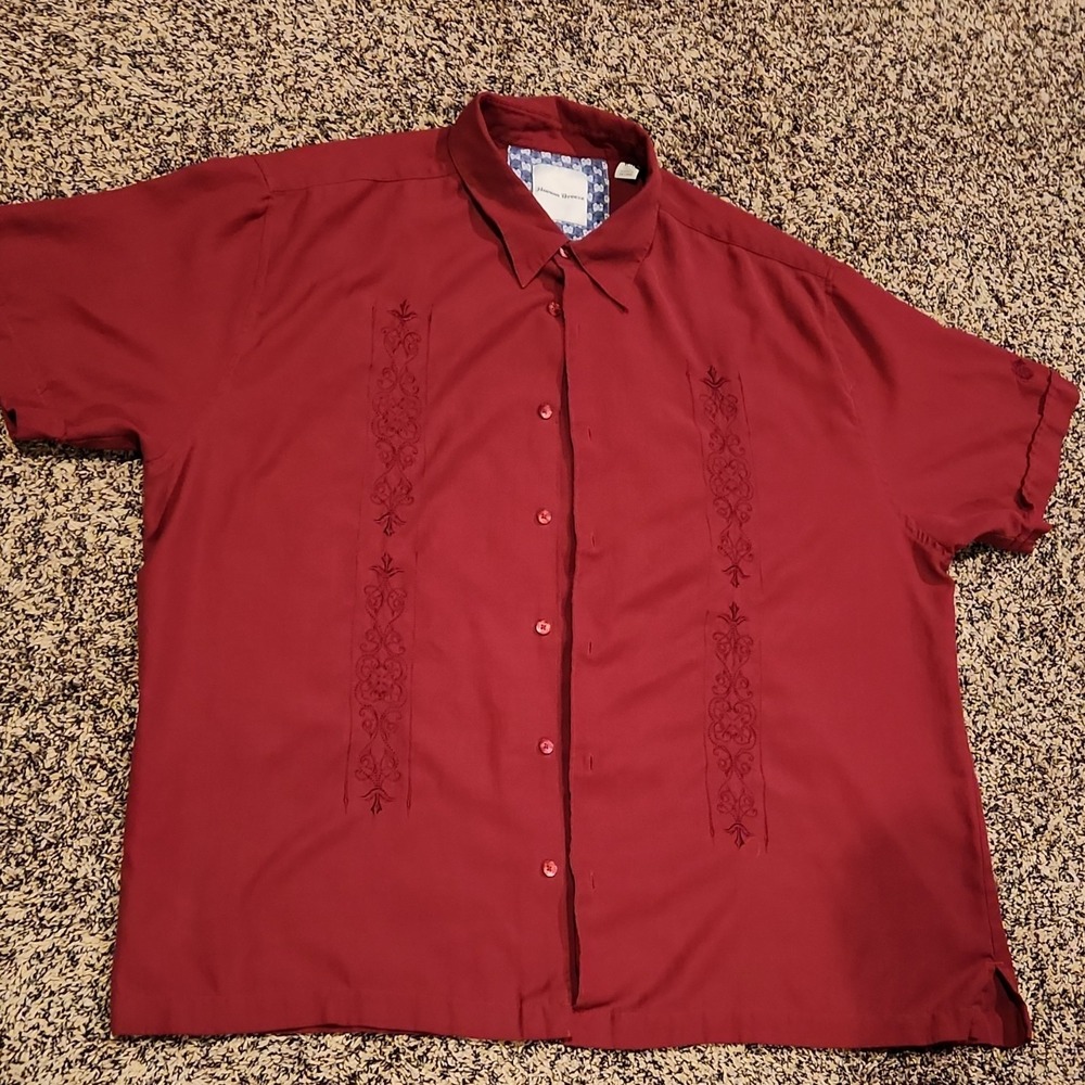 Havana Breeze Red Embroidered Cotton Men's XL Short Sleeve Button-Up Shirt